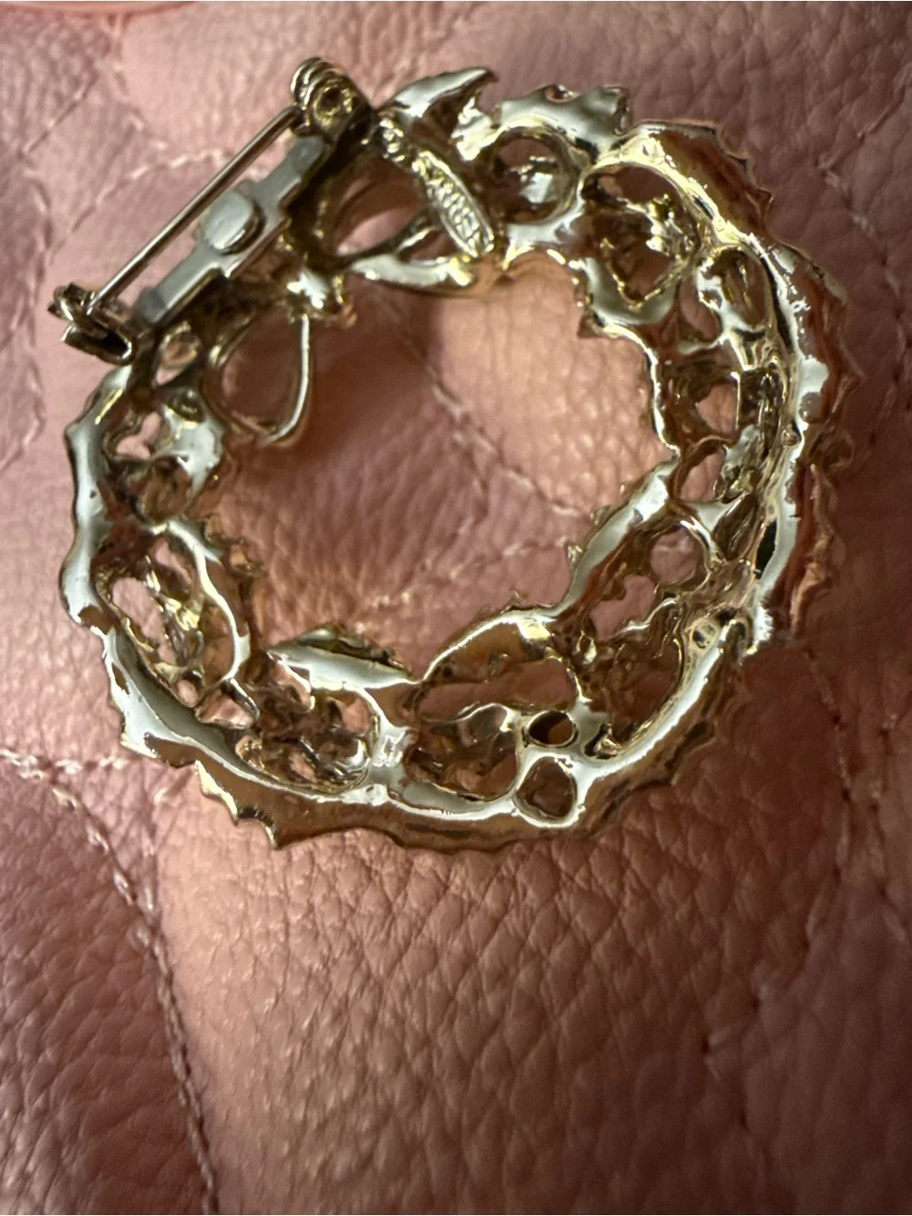 Gold-Tone Holiday Wreath Brooch with Red & Green Accents